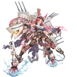  aircraft aircraft_catapult airplane anchor banner boots cannon cape chains elbow_sleeve female full_body goggles goggles_on_head head_wings holding holding_chain holding_weapon knee_pads mecha_musume north_carolina_(warship_girls_r) pantyhose radar_dish range_finder red_eyes red_hair simple_background solo torn_cape torn_clothes torn_pantyhose transparent_background turret warship_girls_r weapon white_hair wings 