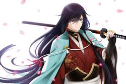  1boy bad_id bad_pixiv_id bishounen black_hair blue_eyes izumi-no-kami_kanesada japanese_clothes katana male_focus over_shoulder petals sheath sheathed solo sword sword_over_shoulder touken_ranbu weapon weapon_over_shoulder wii_hola 