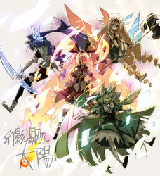  4girls animal_ears axe battle_axe blonde_hair blue_eyes blue_hair boots bow bow_(weapon) braid commentary_request dress drill_hair fire gen&#039;ei_wo_kakeru_taiyou glowing glowing_eyes green_eyes green_hair halo hoshikawa_seira ice long_hair multiple_girls orange_hair page_(page1555) red_eyes sailor_collar school_uniform shirokane_ginka shirt shoes shorts skirt striped taiyou_akari thighhighs tsukuyomi_luna very_long_hair weapon werewolf wings wolf_ears wolf_girl 