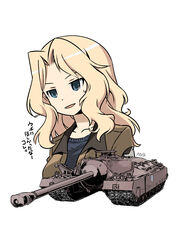  blonde_hair blue_eyes caterpillar_tracks commentary_request female girls_und_panzer highres kay_(girls_und_panzer) long_hair military military_vehicle motor_vehicle muramasa_mikado saunders_military_uniform simple_background solo sweatdrop t28_super_heavy_tank tank tank_destroyer 