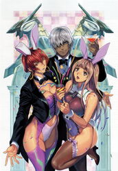  1boy 2girls animal_ears bare_shoulders blue_eyes bow bowtie breasts cleavage cocktail_glass confetti corset covered_navel cup dark-skinned_male dark_skin detached_collar dingo_egret drinking_glass earrings fake_animal_ears garter_belt grey_hair hair_over_one_eye high_heels highleg highleg_leotard highleg_panties highres homare_(fool&#039;s_art) jehuty jewelry ken_marinaris large_breasts leg_lift leotard lipstick long_hair makeup multiple_girls navel one_eye_closed panties party_popper pink_eyes pink_hair playboy_bunny purple_lips rabbit_ears rabbit_tail red_eyes red_hair shoes short_hair statue tail thighhighs tuxedo tuxedo_jacket underwear unitard viola_guines wrist_cuffs zone_of_the_enders zone_of_the_enders_2 