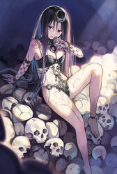  absurdres anklet arm_support barefoot black_hair breasts choker cleavage commentary_request dc_comics dc_extended_universe enchantress_(dc) female highres jewelry long_hair medium_breasts o-ring o-ring_top photoshop_(medium) purple_eyes sheep_sleep skull solo suicide_squad tattoo very_long_hair 