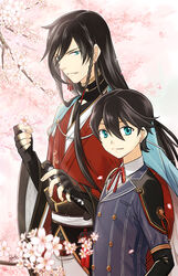  2boys bad_id bad_pixiv_id black_hair blue_eyes cherry_blossoms flower horikawa_kunihiro izumi-no-kami_kanesada japanese_clothes male_focus multiple_boys photoshop_(medium) rainsp touken_ranbu tree 