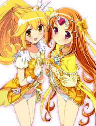  2girls bag blonde_hair bow brooch bubble_skirt capelet choker circlet clothes_lift color_connection commentary_request cure_muse_(yellow) cure_peace frills hair_flaps hair_ribbon heart homing_(areya) in-franchise_crossover jewelry long_hair magical_girl multiple_girls orange_hair panties ponytail precure red_eyes ribbon shirabe_ako skirt skirt_lift smile smile_precure suite_precure tiara underwear very_long_hair white_panties wrist_cuffs yayoi_kise yellow_bow yellow_choker yellow_eyes yellow_skirt yellow_theme 