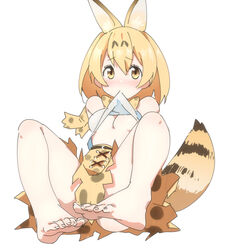  animal_ears bare_shoulders barefoot blonde_hair blush bow bowtie breasts commentary feet female full_body kemono_friends looking_at_viewer medium_breasts mouth_hold n_(n45987607) orange_bow orange_bowtie print_bow print_bowtie serval_(kemono_friends) serval_print short_hair simple_background skirt sleeveless solo tail underboob white_background 