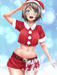  :d belt blue_eyes blush christmas commentary_request cowboy_shot crop_top female fur_trim grey_hair hat highres hip_bones looking_at_viewer love_live! love_live!_sunshine!! merry_christmas midriff navel open_mouth pom_pom_(clothes) red_hat red_shirt red_shorts salute santa_costume shirt short_hair short_shorts short_sleeves shorts smile snowflakes solo stomach tama_(tamakaka1031) watanabe_you 