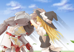  1boy apron armor black_dress blonde_hair blush bow buront commentary_request dress elf female final_fantasy final_fantasy_xi grey_hair happy hat hat_bow hug image_sample ken_tatsuki kirisame_marisa nicoseiga_sample open_mouth pointy_ears puffy_sleeves ribbon short_hair short_sleeves the_iron_of_yin_and_yang touhou witch witch_hat 