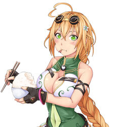  :t ayase_tamaki balloon balloon_vine_(flower_knight_girl) bare_shoulders black_gloves blonde_hair blush bowl bracelet braid breasts chopsticks cleavage cleavage_cutout clothing_cutout commentary_request covered_navel cup eating female fingerless_gloves fish flower flower_knight_girl food food_in_mouth gloves goggles goggles_on_head green_eyes hair_flower hair_ornament hairpin heart heart-shaped_pupils highres impossible_clothes jewelry large_breasts long_hair looking_at_viewer rice shirt simple_background sleeveless sleeveless_shirt solo symbol-shaped_pupils white_background 