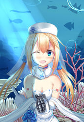  absurdres alcohol blonde_hair blue_eyes breasts bridal_veil chinese_commentary cleavage commentary_request coral dress explosive female girls&#039;_frontline gloves grenade hat highres long_hair looking_at_viewer low_twintails natsuki_(digretking) one_eye_closed ppsh-41_(girls&#039;_frontline) seaweed small_breasts solo twintails underwater veil vodka wedding_dress 