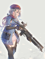  9a-91 9a-91_(girls&#039;_frontline) ammunition_pouch assault_rifle beret black_panties blue_eyes commentary daito female girls&#039;_frontline gloves gun hair_between_eyes hair_ornament hat highres holding holding_gun holding_weapon long_hair panties photoshop_(medium) pouch profile rifle rmb-93 scarf scope see-through shotgun_shell solo star_(symbol) star_hair_ornament thighhighs trigger_discipline underbarrel_shotgun underwear weapon white_hair 