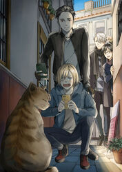  4boys alley black_hair blonde_hair blue_eyes brown_eyes building cellphone commentary_request feline fingerless_gloves glasses gloves green_eyes hood hoodie katsuki_yuuri male_focus mamemomota multiple_boys open_mouth otabek_altin phone photoshop_(medium) plant potted_plant scarf smartphone smile squatting viktor_nikiforov white_hair yuri!!!_on_ice yuri_plisetsky 