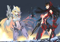  2girls arm_blade armor artist_request ass blonde_hair blue_hair bodysuit breasts gipsy_danger glowing highres light long_hair mecha_musume mechanical_arms mechanical_legs mechanical_parts medium_breasts multiple_girls nuclear_reactor pacific_rim personification simple_background smile spine striker_eureka visor_(armor) weapon yellow_eyes 