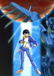  1boy absurdres arm_blade artbook black_hair blue_eyes denim highres jacket jeans jehuty jupiter_(planet) leo_stenbuck mecha official_art open_clothes open_jacket orbital_frame_(zone_of_the_enders) pants photoshop_(medium) robot shoes sneakers solo teenage track_jacket weapon zone_of_the_enders 