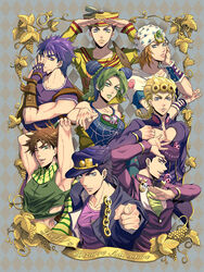  6+boys bare_shoulders battle_tendency black_hair blonde_hair blue_eyes blue_hair brown_hair chains closed_mouth commentary_request copyright_name diamond_wa_kudakenai female fingerless_gloves gakuran giorno_giovanna giorno_giovanna&#039;s_pose_(jojo) gloves green_eyes green_hair hat higashikata_josuke higashikata_josuke_(jojolion) highres horseshoe hoshimiku johnny_joestar jojo_no_kimyou_na_bouken jojo_pose jojolion jonathan_joestar jonathan_joestar&#039;s_pose_(jojo) joseph_joestar joseph_joestar_(young) kujo_jolyne kujo_jotaro kujo_jotaro&#039;s_pose_(jojo) lipstick looking_at_viewer makeup multicolored_hair multiple_boys one_eye_closed open_mouth phantom_blood photoshop_(medium) pink_eyes plant pointing pompadour scarf school_uniform smile standing star_(symbol) stardust_crusaders steel_ball_run stone_ocean text_focus vento_aureo vines yellow_lips 