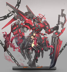  absurdres black_gloves black_hair cartridge chains commentary_request covered_navel detached_sleeves female gloves grey_background halo highres horns long_hair long_sleeves looking_at_viewer mecha mechanical_ears mole mole_under_eye original pelvic_curtain robot sitting standing sword syaha thighhighs weapon yellow_eyes 