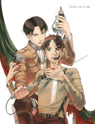  2boys ascot black_eyes black_hair blood commentary_request different_reflection dual_wielding emblem eren_yeager green_eyes highres holding jacket levi_(shingeki_no_kyojin) multiple_boys paradis_military_uniform reflection rogue_titan shingeki_no_kyojin surfacage survey_corps_(emblem) sword titan_(shingeki_no_kyojin) weapon 