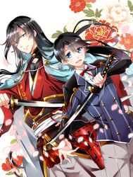  2boys bad_id bad_pixiv_id black_hair blue_eyes cherry_blossoms dutch_angle flower horikawa_kunihiro izumi-no-kami_kanesada japanese_clothes katana kuroki_natsu male_focus multiple_boys petals sword touken_ranbu weapon 