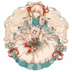  albino apron bad_id bad_pixiv_id big_hair blue_dress bottle bouquet bow bow_hairband closed_mouth commentary dress english_commentary female floating_hair flower frilled_apron frills from_above full_body hair_ribbon hairband holding holding_bouquet jewelry kagerou_project kozakura_marry leaf long_hair looking_at_viewer necklace notched_neckline puffy_short_sleeves puffy_sleeves red_bow red_eyes red_flower red_hairband red_ribbon ribbon shina_000 short_sleeves simple_background smile solo stalk v_arms very_long_hair white_background white_flower white_hair 