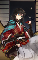  1boy \||/ androgynous armor bishounen black_hair blue_eyes commentary_request crescent_moon cup endend_(shinia) highres izumi-no-kami_kanesada japanese_armor japanese_clothes kusazuri long_hair male_focus mitsudomoe_(shape) moon photoshop_(medium) sakazuki solo tomoe_(symbol) touken_ranbu very_long_hair 