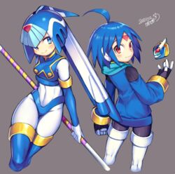  1boy ahoge artist_name biometal black_legwear blue_eyes blue_footwear blue_hair blush bodysuit boots breasts closed_mouth commentary_request crop_top dated fairy_leviathan_(mega_man) female iroyopon long_hair looking_at_viewer medium_breasts mega_man_(series) mega_man_zero_(series) mega_man_zx mega_man_zx_advent model_l_(mega_man) pantyhose red_eyes robot_girl short_hair signature smile thetis_(mega_man) thigh_boots thighhighs 