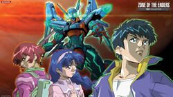  1boy 2girls arm_blade black_hair blue_eyes blue_hair celvice_klein earrings green_eyes hairband highres hoop_earrings jacket jehuty jewelry jupiter_(planet) konami leo_stenbuck logo long_hair mecha multiple_girls neon_trim official_art orbital_frame_(zone_of_the_enders) paint.net_(medium) pilot_suit planet red_eyes red_hair robot short_hair teenage track_jacket viola_guines watermark weapon zone_of_the_enders 