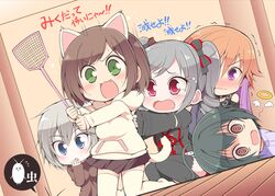  5girls @_@ anastasia_(idolmaster) angel_wings animal_ears black_hair blue_eyes brown_hair bug cat_ears cat_tail chibi cockroach commentary_request drill_hair fainted flyswatter giving_up_the_ghost green_eyes grey_hair halo idolmaster idolmaster_cinderella_girls kanzaki_ranko kohinata_miho long_hair maekawa_miku multicolored_hair multiple_girls ninomiya_asuka oerba_yun_fang orange_hair purple_eyes red_eyes serebi_ryousangata short_hair tail tears translated twin_drills twintails two-tone_hair wings 