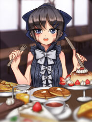  :d banluoli black_hair blue_bow blue_eyes blurry blurry_background bow bowtie bread bread_slice burn_scar cake cherry chocolate_cake commentary_request cup depth_of_field dessert dorei_to_no_seikatsu_~teaching_feeling~ female food fork fruit hair_ornament hairbow hairclip happy heart heart_in_eye highres holding holding_fork holding_knife honey indoors knife large_bow looking_at_viewer open_mouth pancake pie plate ponytail pudding scar sleeveless smile solo strawberry strawberry_shortcake sweets sylvie_(dorei_to_no_seikatsu) symbol_in_eye table tea teacup toast whipped_cream 