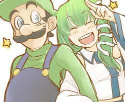  1boy blue_eyes blue_overalls blush brown_hair commentary_request crossover detached_sleeves facial_hair female frog_hair_ornament green_hair green_hat green_shirt hair_ornament happy hat image_sample kochiya_sanae long_hair long_sleeves luigi mario_(series) moustache nicoseiga_sample overalls post-banbi shirt smile snake_hair_ornament star_(symbol) touhou white_background 