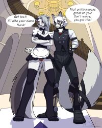  4:5 absurd_res alexsanfox angry anthro apron boots bow_tie canid canine canis clothing crossover cybernetics duo english_text female footwear grumpy hellaverse helluva_boss hi_res legwear loona_(helluva_boss) machine maid_uniform male male/female mammal mechanical_legs mihoyo prosthetic shoes speech_bubble text thigh_boots thigh_highs tsundere uniform von_lycaon wolf zenless_zone_zero 