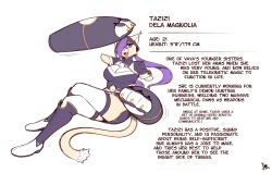  2021 amputee anthro big_breasts breasts character_bio clothing colored disability english_text felid feline felis female floating_hands fur gesture hair hat headgear headwear legwear light_body light_fur mammal missing_arm one_eye_obstructed ordealcomic pose purple_eyes purple_hair salute signature simple_background solo stated_age stated_height stockings tan_body tan_fur tazizi_dela_magnolia text thigh_highs topwear white_background 