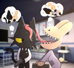  animal_hospital_(roblox) anthro blush blush_lines bodily_fluids domestic_cat duo felid feline felis gun heart_symbol intern_(animal_hospital) kiss_on_lips kissing lagomorph leporid licking long_tongue male mammal on_top on_top_of_another rabbit ranged_weapon roblox secret_agent_(animal_hospital) sitting sitting_on_another sweat sweatdrop tail teeth teeth_showing text thought_bubble tinky tongue tongue_out url weapon 