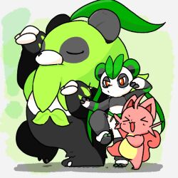  1:1 ambiguous_gender anthro ardest bear cattiva closed_eyes domestic_cat felid feline felis fighting_pose giant_panda group kung_fu leafan_(pal) mammal mossanda on_one_leg pal_(species) palworld pocketpair pose redraw simple_background standing trio whiskers yotsubato! 