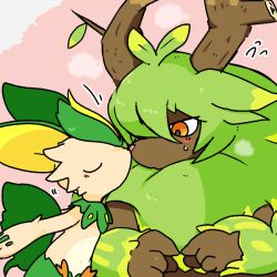  1:1 ambiguous_gender anthro ardest blush blush_lines bovid brown_body closed_eyes duo elgrove fur green_body green_fur japanese_text lagomorph looking_at_another mammal nose_rubbing nose_to_nose pal_(species) palworld pocketpair simple_background size_difference tan_body text verdash 
