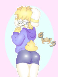 absurd_res anthro ass eyewear feminine fluffy fluffy_tail fur georgesabertooth glasses hair hi_res kain_bunny lagomorph leporid male mammal pinup pose rabbit smile solo tail white_body white_fur yellow_body yellow_eyes yellow_fur 