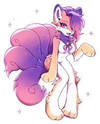  2025 3rdperson_iz anthro breasts canid canine digital_media_(artwork) eyelashes featureless_breasts feet female female_anthro fox fur hair hair_over_eye hi_res mammal multi_tail multicolored_body one_eye_obstructed open_mouth orange_body pawpads paws purple_body purple_eyes purple_hair simple_background solo sparkles tail teeth toes tuft white_background white_body 