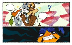  angry anthro avian beak bird blue_body blue_feathers brown_body brown_fur buckteeth bugs_bunny canid canine canis carrot cheek_tuft clenched_teeth coyote cuculiform duo facial_tuft feathers feral food fur grey_body grey_fur hi_res holding_carrot holding_food holding_object holding_vegetable hug humor image_comics interspecies invincible_(image_comics) jealous lagomorph leporid looney_tunes male male/male mammal mawarisaka3 meme new_world_ground_cuckoo plant rabbit road_runner_(looney_tunes) roadrunner smile teeth toony toothed_beak tuft vegetable warner_brothers wile_e._coyote 