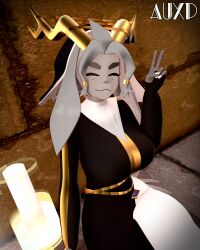  2026 3d_(artwork) 4:5 absurd_res accessory anthro antlers athletic athletic_anthro athletic_female auxp black_clothing blender_(artwork) bodysuit bovid caprine closed_eyes closed_smile clothing digital_media_(artwork) dream_breaker_(pseudoregalia) felid feline female female_anthro floppy_ears fur gesture goat gold_(metal) gold_jewelry golden_clothing grey_body grey_fur grey_hair hair hair_accessory hair_ring hand_gesture headgear headwear hi_res holding_object holding_weapon horn hybrid jackalope jewelry lagomorph leporid lop_ears mammal mouth_closed nun_habit nun_outfit pseudoregalia rabbit religious_clothing short_hair sitting skinsuit smile solo sybil_(pseudoregalia) tight_clothing v_sign weapon white_clothing 