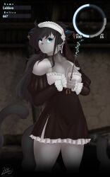  2_tails 5:8 absurd_res anthro blue_eyes blurred_background canid canine clothing collarbone cross dark_hair digital_drawing_(artwork) digital_media_(artwork) domestic_cat ear_markings felid feline felis female fur grey_body grey_fur hi_res hybrid legwear looking_up lukken_collins lukkylk magic magic_user mammal markings multi_tail nun nun_outfit rule_63 sinisistar solo tail thigh_highs tight_clothing user_interface wand 