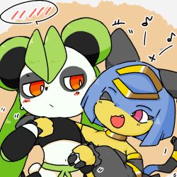  1:1 ambiguous_gender anthro ardest bear blush blush_lines domestic_cat duo felid feline felis female front_view giant_panda leafan_(pal) looking_at_another mammal narrowed_eyes one_eye_closed pal_(species) palworld pocketpair sekhmet_(pal) simple_background speech_bubble 