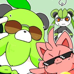  1:1 ambiguous_gender anthro ardest bear bodily_fluids breasts cattiva deal_with_it domestic_cat eyewear felid feline felis female front_view giant_panda green_background green_body group leafan_(pal) looking_at_another mammal mlg mossanda pal_(species) palworld pink_body pocketpair simple_background size_difference standing sunglasses sweat sweatdrop trio 