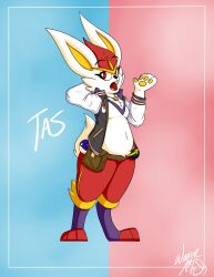  3_toes 4_fingers anthro big_ears biped black_clothing black_eyebrows black_jacket black_topwear bottomwear buckteeth character_name cheek_tuft cinderace clothed clothed_anthro clothed_male clothing colored eyebrow_through_hair eyebrows facial_tuft feet fingers fur fur_tuft generation_8_pokemon great_ball hair handpaw hi_res jacket lagomorph letterman_jacket male male_anthro mammal markings navel nintendo open_clothing open_jacket open_mouth open_topwear pants pawpads paws pecs pokeball pokemon pokemon_(species) pupils rabbit_ears red_bottomwear red_clothing red_eyes red_markings red_mouth red_pants red_toes shaded slightly_chubby slightly_chubby_anthro slightly_chubby_male standing tail tas_(tascinderace) teeth text toes topwear translucent translucent_hair tuft white_body white_clothing white_ears white_fur white_jacket white_pupils white_tail white_topwear white_tuft wooferarts yellow_inner_ear yellow_pawpads 