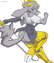  2025 absurd_res accessory action_pose anthro antlers armor ass athletic athletic_anthro athletic_female azurebluetkt big_butt black_clothing blue_eyes bottomless bottomless_anthro bottomless_female bovid breasts caprine clothed clothing digital_drawing_(artwork) digital_media_(artwork) eyelashes felid feline female female_anthro fist floppy_ears fur goat gold_(metal) gold_armor gold_jewelry grey_body grey_fur grey_hair hair hair_accessory hair_ring hi_res holding_melee_weapon holding_object holding_weapon hooves horn hybrid jackalope jacket jewelry lagomorph leporid looking_back lop_ears mammal medium_breasts melee_weapon pose pseudoregalia rabbit raised_leg rear_view short_hair side_boob solo sybil_(pseudoregalia) tail topwear vest weapon white_clothing 