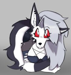  anthro ass_up breasts canid canine canis cleavage clothed clothing collar crossed_arms ear_piercing eyebrows female fingerless_gloves fur gloves grey_body grey_fur handwear hellaverse helluva_boss hi_res loona_(helluva_boss) lying mammal mythological_canine mythological_creature mythology on_front piercing pupils red_sclera saines_(x) simple_background solo spiked_collar spikes werecanid werecanine werecreature werewolf white_body white_fur white_pupils wolf 