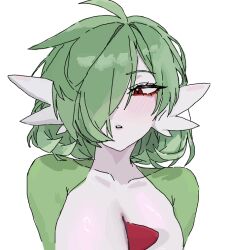  blush bob_cut breasts collarbone colored_skin commentary_request female gardevoir green_hair green_skin hair_over_one_eye half-closed_eyes korean_commentary large_breasts looking_afar messy_hair multicolored_skin one_eye_covered open_mouth partial_humanization pokemon pokemon_(creature) red_eyes sexyping short_hair simple_background solo two-tone_skin upper_body white_background white_skin 
