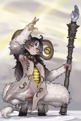  absurdres ahoge arm_up armpits breasts brown_hair commentary_request ekrea_jan elden_ring elden_ring_nightreign extra_eyes female genderswap_(mtf) highres holding holding_weapon hooves horizontal_pupils horns libra_(elden_ring) looking_at_viewer medium_breasts monster_girl personification pointy_ears presenting_own_armpit rule_63 spread_legs squatting staff tail weapon yellow_eyes 