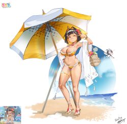  2girls :3 ;3 absurdres ahoge animal_costume armpits bag beach beach_umbrella bikini black_hair blonde_hair blush_stickers bracelet breasts chibi closed_mouth colored_inner_hair commentary copyright_name dated delia_(trickcal) fingernails flower flying fomyu_(formula) frilled_bikini frills front-tie_top full_body guin_(trickcal) hair_flower hair_intakes hair_ornament hairband halftone hand_on_own_hip hand_up highres ice_bag ice_cream_cone index_finger_raised jewelry large_breasts lens_flare light_blush long_fingernails looking_at_viewer mole mole_on_arm mole_on_stomach mouth_hold multicolored_hair multiple_girls necklace ocean one_eye_closed orange_flower pearl_necklace penguin_costume red_flower reference_inset sand sandals seashell shell shore short_hair shoulder_bag side-tie_bikini_bottom side_ahoge signature solo_focus standing swimsuit thigh_strap toes trickcal two-tone_hair umbrella untranslatable_commentary water water_drop wet white_background white_hairband yellow_bikini yellow_eyes yellow_nails 