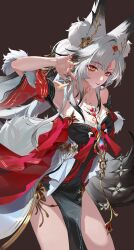  absurdres animal_ear_fluff animal_ears arm_up armpits bare_shoulders black_dress breasts brown_background chenyouchu chest_tattoo cleavage cowboy_shot detached_sleeves dress female fingernails forehead_tattoo fox_ears fox_girl fox_tail hair_ornament highres hsin_(wuthering_waves) large_breasts long_hair multicolored_eyes parted_lips red_eyes red_nails red_sleeves simple_background smile solo standing tail tattoo thighs two-tone_eyes white_hair wuthering_waves yellow_eyes 