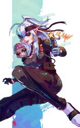  absurdres ahoge black_gloves black_headband blue_gloves bodysuit boutsoftheblind bra breasts cleavage commentary eyepatch female full-length_zipper general_geega general_geega_(infiltrator) gloves grey_bra grey_hair gun headband highres holding holding_gun holding_weapon indie_virtual_youtuber large_breasts looking_at_viewer open_mouth partially_unzipped pointy_ears ponytail red_eyes sandals skin_tight socks underwear virtual_youtuber weapon white_socks zipper 