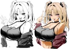  absurdres black_choker breasts choker cleavage collarbone crop_top female highres jacket jacket_partially_removed large_breasts looking_at_viewer multiple_views partially_colored pink_eyes porroll solo succubus_seitokai_shikoshiko_shikkoubu tongue tongue_out usami_noa v white_background 