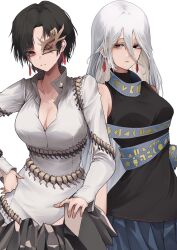  2girls absurdres bare_shoulders black_hair black_shirt blue_skirt bone breasts cleavage closed_mouth commentary_request earrings expressionless hair_between_eyes half_mask highres iwanaga_ariya jewelry long_bangs long_hair long_sleeves looking_at_viewer mask medium_breasts multiple_girls one_eye_closed parted_bangs red_eyes sash scar scar_across_eye scar_on_face shirt short_hair skirt sleeveless sleeveless_shirt touhou upper_body very_long_hair white_background white_hair white_shirt yagoro_kusuriya yuiman_asama 